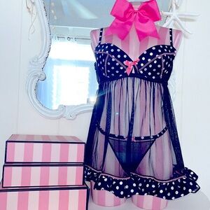 Victoria’s Secret Sexy Little Things  2 Pc Polkadot Babydoll Bow Panty Set